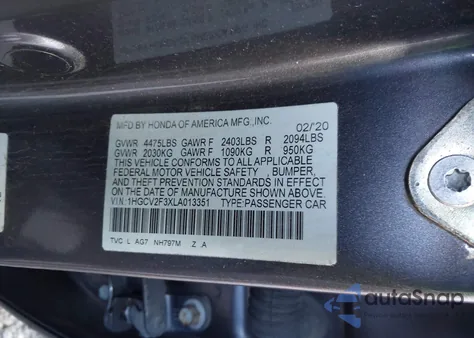 2020 Honda Accord Sport 2.0T from USA, damaged, VIN 1HGCV2F3XLA013351